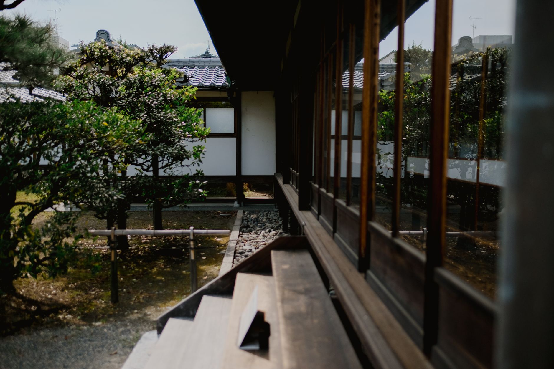 Kyoto wooden veranda looking out to tranquil bamboo garden